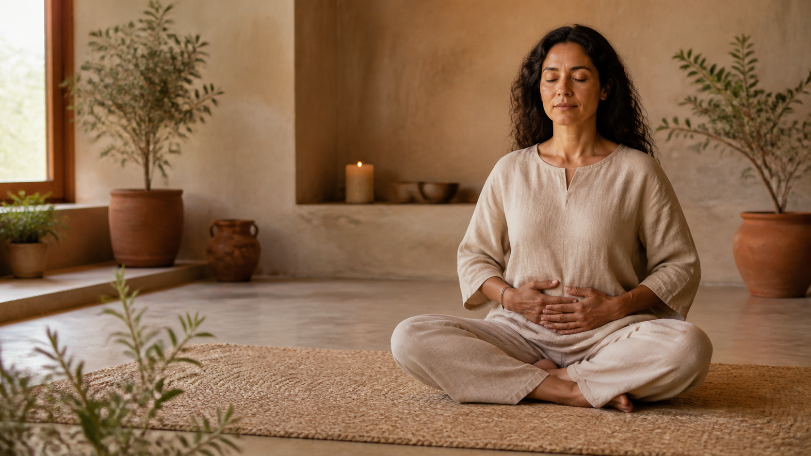 A person seated in meditation with hands resting over the lower abdomen