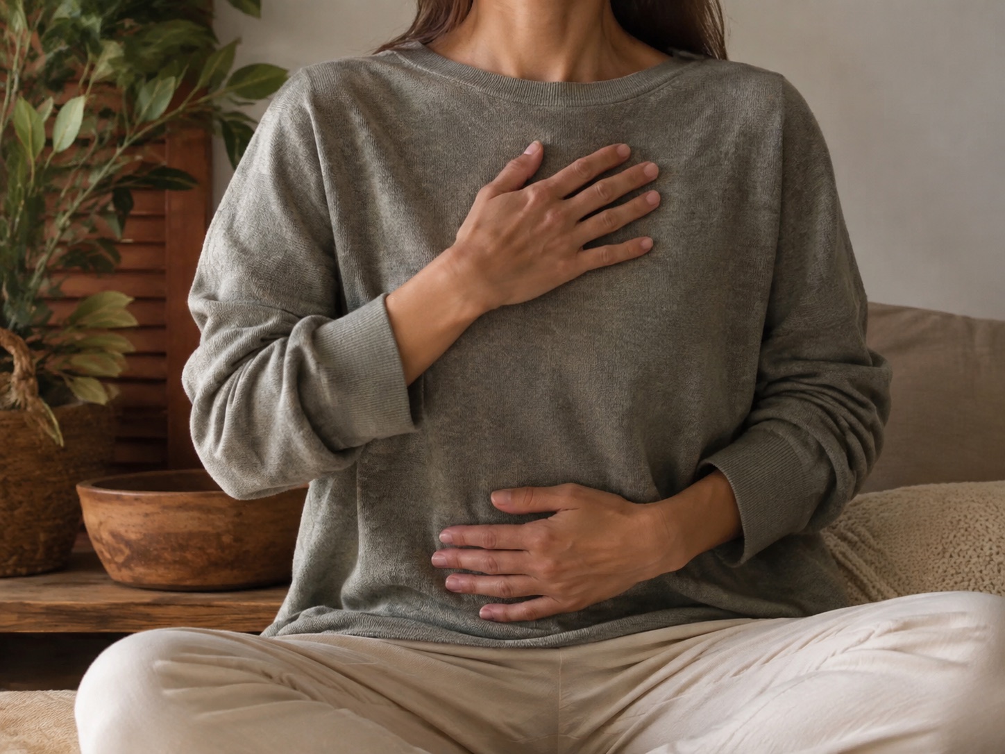 A clothed person resting hands over the chest and abdomen