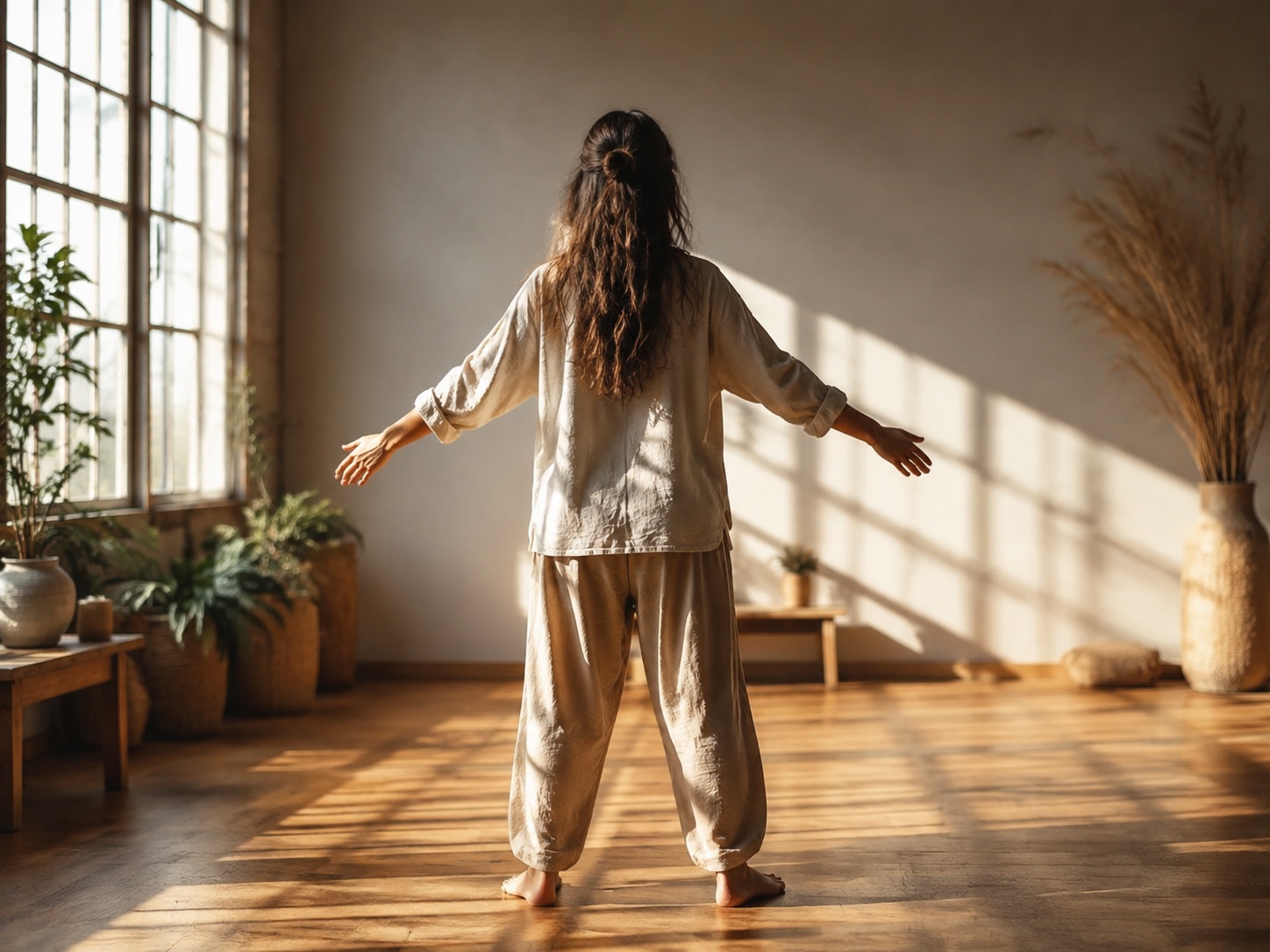 A woman standing in a sunlit room with open arms