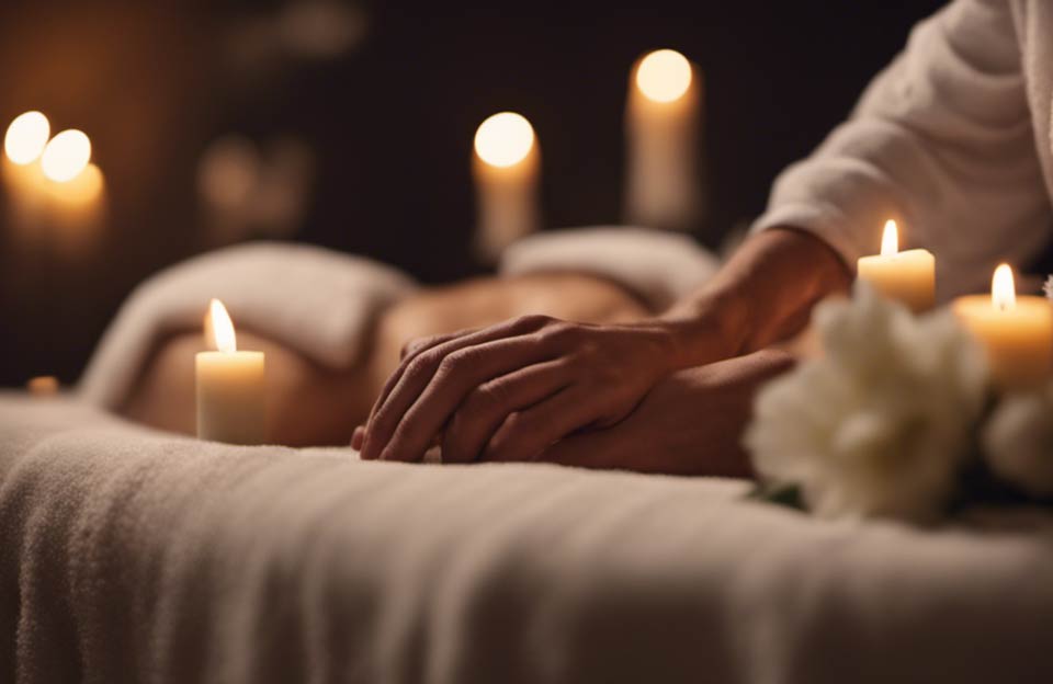 sanación lingam — manos en un tacto terapéutico suave, luz cálida de spa